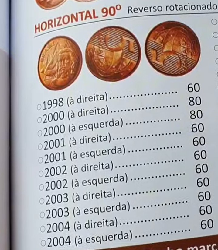 Moedas de 5 centavos com reverso horizontal 90º