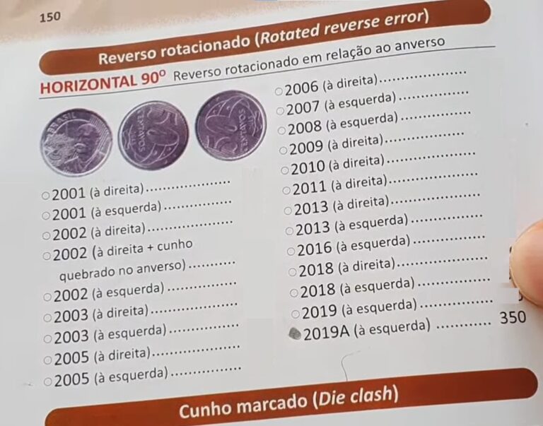 Moeda de 50 centavos com reverso horizontal 90º